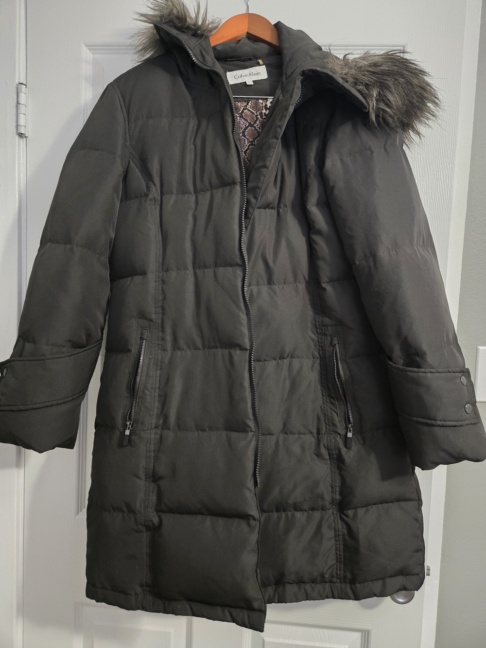 Calvin Klein Women's Black Puffer Coat with Faux Fur Hood